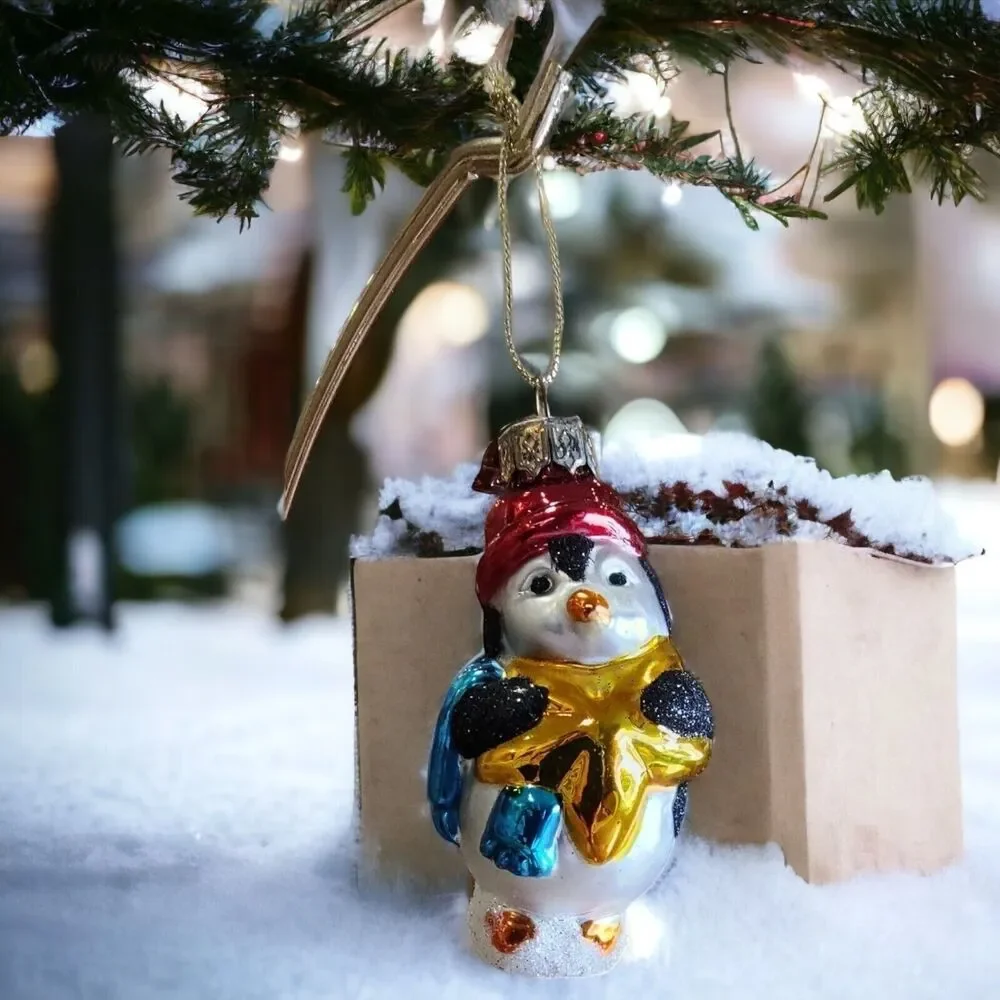 Gold Star Top Hat Penguin Snowman Hand Blown Glass Ornament Thomas Pacconi 2002